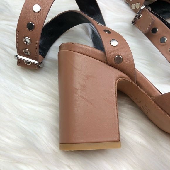 New AGL Tan Studded Ankle Wrap Leather Block Heels - Picture 10 of 14
